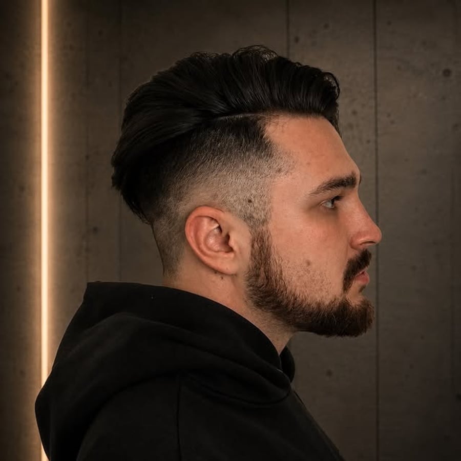 Pompadour with a skin fade and beard